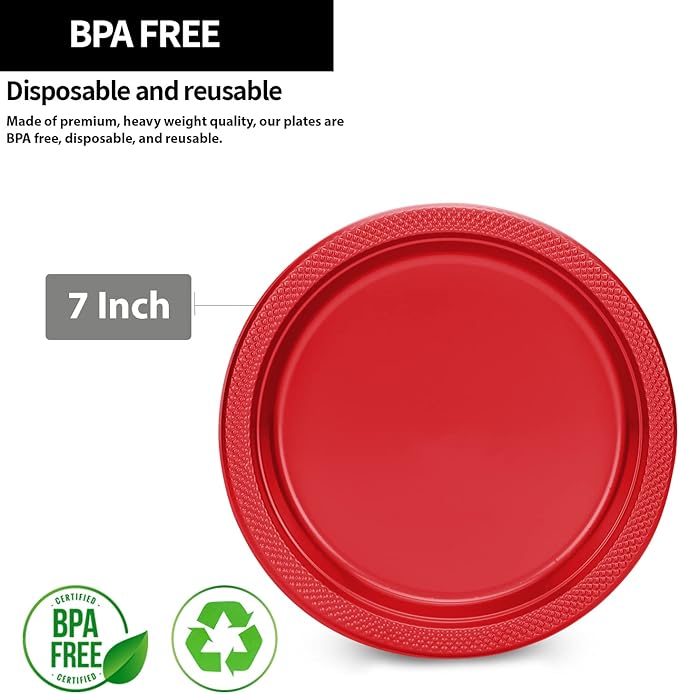 Hanna K. Signature Red Plastic Plates 7 Inch 600 Count – Heavy Duty Disposable Dessert Plates Bulk for Catering, Weddings & Events