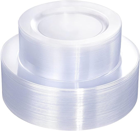 FLOWERCAT 100PCS Clear Plastic Plates - Heavy Duty Clear Disposable Plates for Fall Party/Wedding/Christmas - Include 10inch & 7inch Dinner/Dessert Plates for 50guests