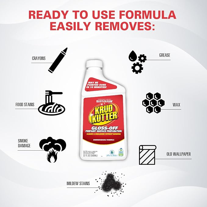 Krud Kutter Gloss-Off Prepaint Surface Preparation Cleaner, 32 oz, No Sanding Liquid Deglosser for Cabinets, Trim, Doors and Furniture, Removes Dirt Grease and Gloss for Paint Adhesion