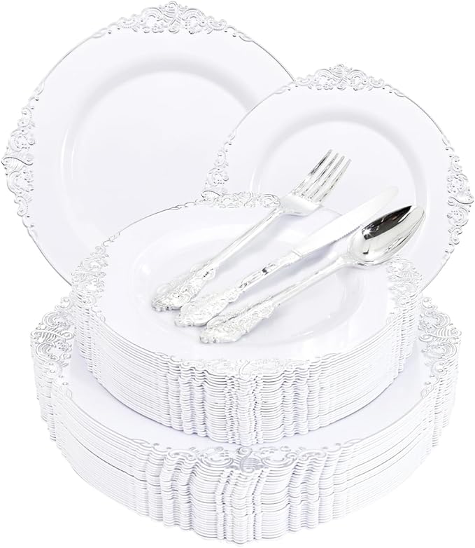 Liacere 150PCS Silver Plastic Plates with Silver Cutlery - Disposable Plastic Plates Include 30Dinner Plate, 30Dessert Plate, 30Knives, 30Spoons, 30Forks - Ideal for Wedding & Party