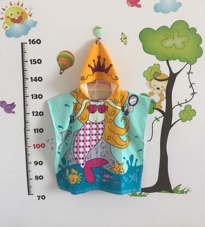 TONWHAR Soft Cotton Hooded Beach Towel Poncho for Kids Bath Pool Beach Swim Boys Girls Cartoon Cover-up Cape (Mermaid)