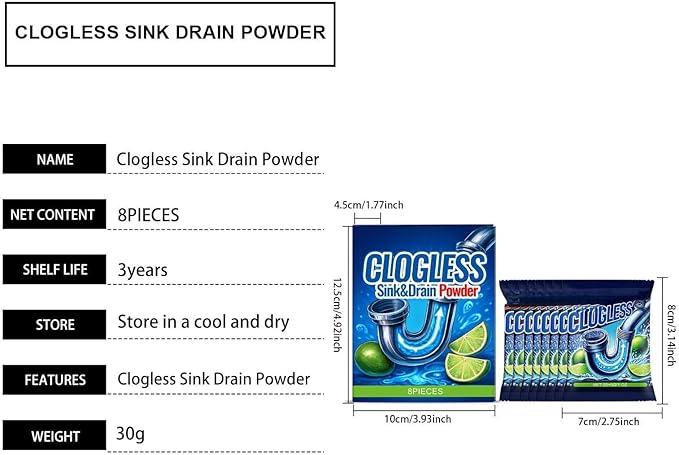 Clogless Sink Drain Powder – Pipe Unblocking & Sewer Cleaning Solution for Kitchen, Bathroom & Laundry Drains, Odor Reduction & Easy-to-Use Powder, 8-Pack