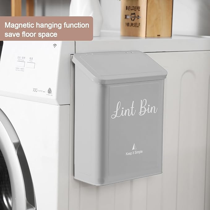 SUBEKYU Metal Magnetic Lint Bin for Laundry Room, Wall Mounted Lint Box Holder with Lid for Dryer,Light Grey
