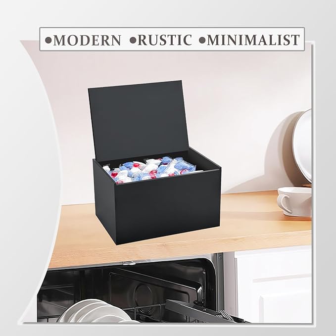 Dishwasher Pod Holder Acrylic with Hinged Lid, Modern Style Dishwasher Cleaner Tablets Container Box for Detergent, Black