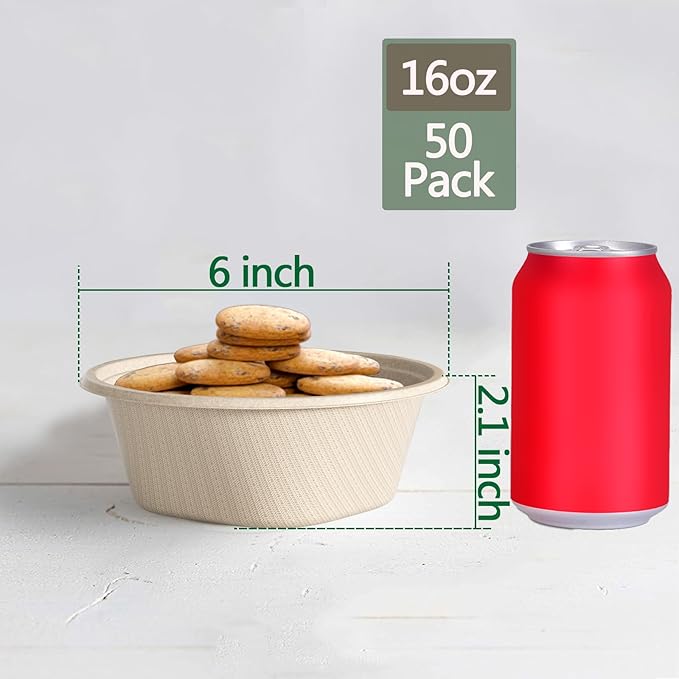 Homestockplus Small Disposable Paper Bowls - Heavy Duty 16 Oz Disposable Bowls - Made from Natural Bagasse Biodegradable Bowl for Cereal, Rice, French Fries [50 Pack]