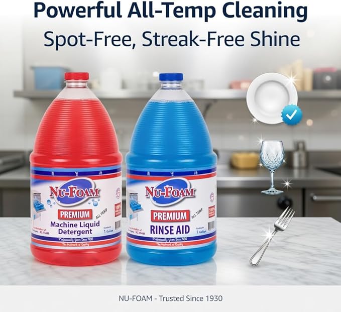 Nu-Foam Premium Commercial Dishwasher Detergent and Rinse Aid Set, 1 Gallon Each