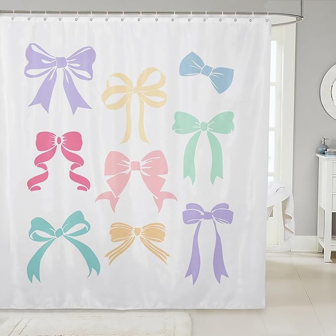 jejeloiu Watercolor Bow Shower Curtain for Kids 72"x78" Cute Bowknot Bathroom Shower Liner Room Decor Coquette Bows Bath Curtain Dreamy Princess Waterproof Soft Lightweight Polyester
