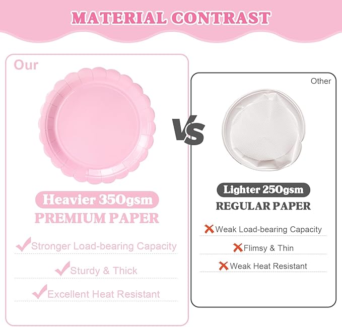Vyntra 350 Pcs Pink Paper Plates and Napkins Set for 50, 9" Dinner Plates & 7" Dessert Plates, Tableware for Birthday Party, Mother's Day