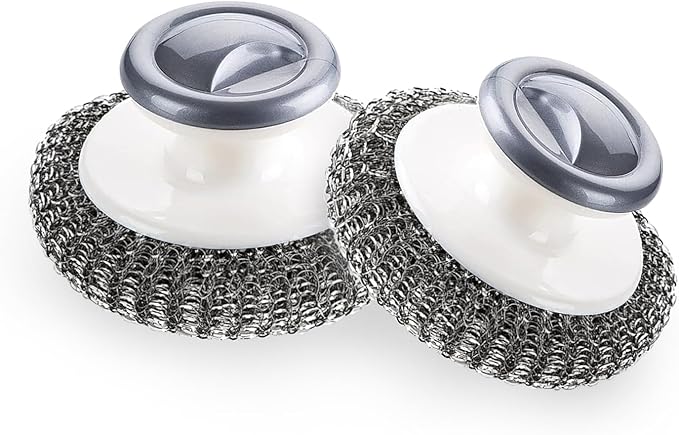 2Pcs Stainless Steel Scrubber with Handle, Steel Wool Scrubber Tool for Cleaning Dishes, Scrubbing Scouring Brush Pad for Kitchen Pots, Pans, Sink