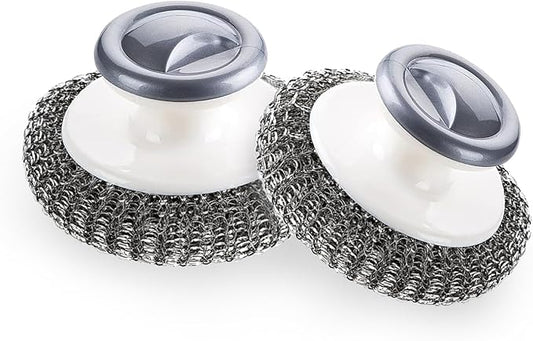 2Pcs Stainless Steel Scrubber with Handle, Steel Wool Scrubber Tool for Cleaning Dishes, Scrubbing Scouring Brush Pad for Kitchen Pots, Pans, Sink