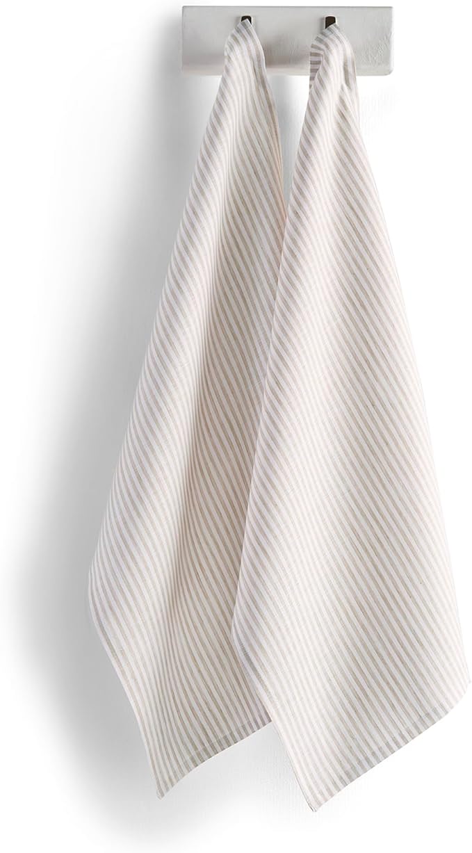Solino Home Natural and White Linen Kitchen Towels Set of 2-100% Pure Linen 17 x 26 Inch Narrow Stripe Tea Towels with Hanging Loop - European Flax Kitchen Dish Cloth - Quick Dry & Machine Washable