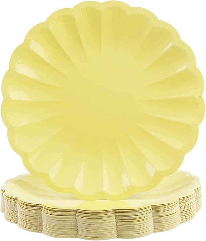 50Pcs Large Scalloped Yellow Paper Plates 9Inch Shell Edge Dinner Plates for Cake Salad Fruit Disposable Dinner Serving Plates for Birthday Wedding Baby Shower Party Decorations
