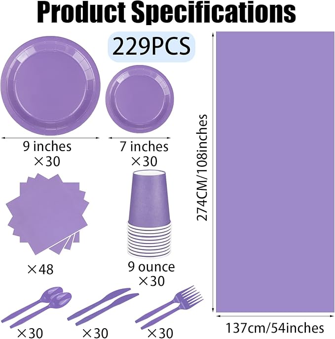 229PCS Purple Party Supplies Set Paper Disposable Plates Cups Plastic Spoons Forks Knives Purple Napkins for 30 Guests Disposable Party Dinnerware Sets for Wedding Birthday Parties