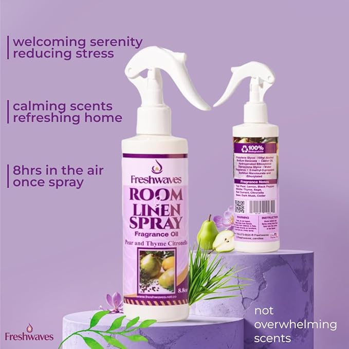Freshwaves Room & Linen Spray | Pear & Thyme Citronella Fragrance Oil | 8.8oz Air Freshener | Odor Eliminator | Room Spray for Living Room | Bedroom | Restroom & Office | White Trigger Bottle