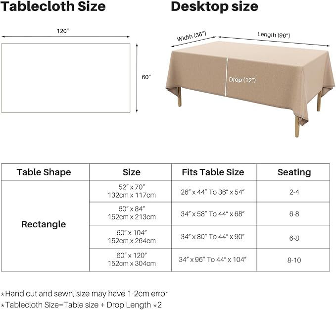 IVAPUPU Textured Linen Table Cloth for Rectangle Tables - Khaki Tablecloths Rectangular Waterproof Wrinkle Free Wipeable Dining Table Cover for Spring Wedding Birthday Kitchen Decor, 52 x 70 Inch