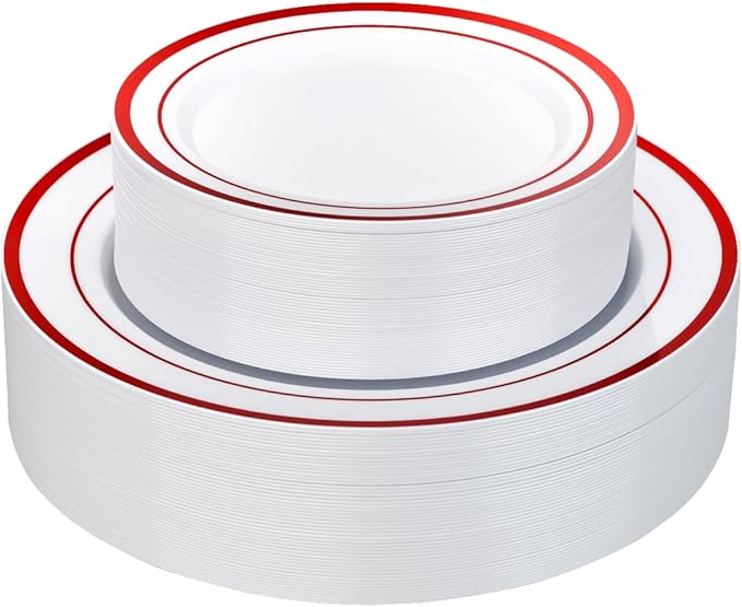 Goodluck 120 Pack Red Rim Plastic Plates - 60 Dinner Plates (10.25") & 60 Dessert Plates (7.5") - Heavy Duty Disposable White Plates with Elegant Red Trim - Premium Dinnerware Set for Wedding