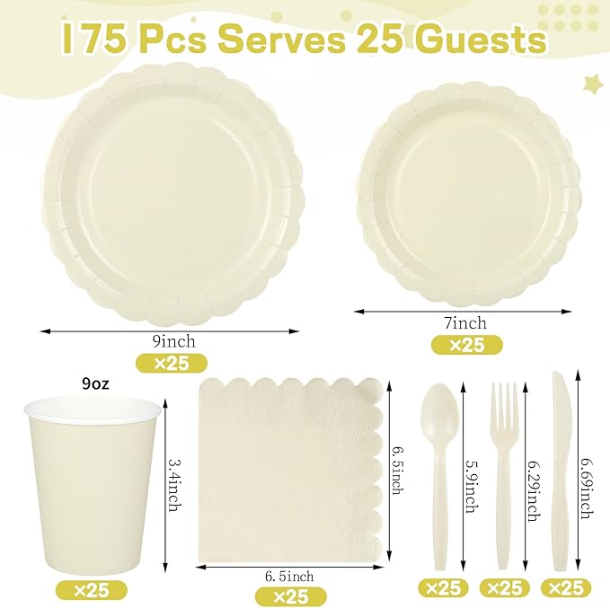 175 Pcs Ivory Paper Plates and Napkins, Beige Party Supplies Include Scalloped Cream Plates Napkin Cup Plastic Cutlery for Wedding, Bridal&Baby Shower, Birthday