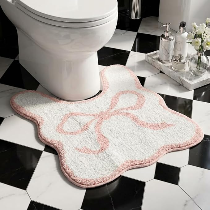 Pink Scalloped U-Shaped Toilet Mat 20x24, Cute Luxury Plush Bath Rug, Soft Absorbent Non-Slip Microfiber Floor Mat for Bathroom Decor and Toilet Base, Machine Washable