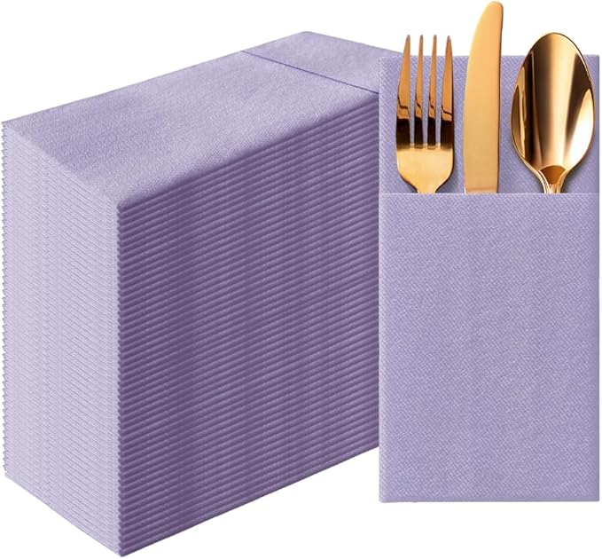 PAW - Linen Feel Napkins with Built-in Flatware Pocket, Airlaid Paper Pre-Folded Napkins for Silverware, Wedding Party, Dinner, Birthday, Gatherings, Monocolor Violet, 50 Count