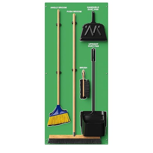 Clean & Sweep 5S Shadow Board/Wall Mount Broom Holder, 68" x 30" Board, 5S Cleaning Station - with Broom and Dustpan Set Included, Made in The USA by AccuformNMC, Green/Black, PSB616GNBK