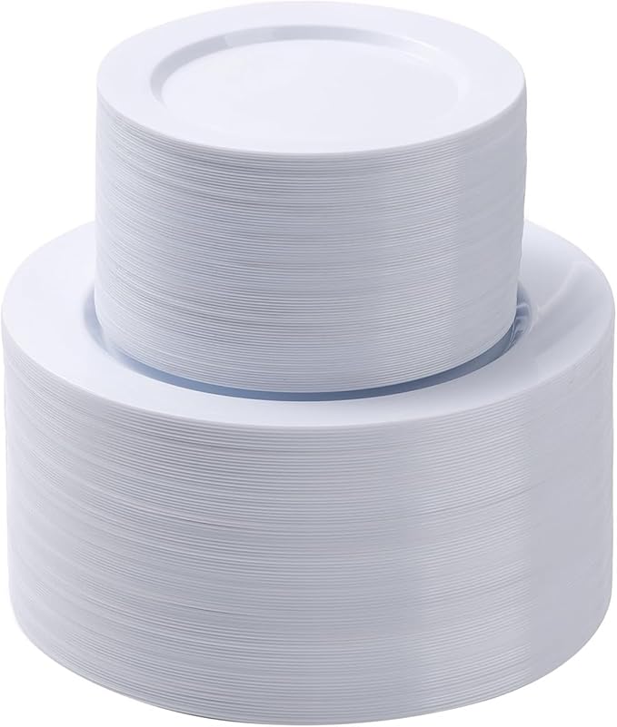 Goodluck 200PCS White Plastic Plates, Heavy Duty Disposable Plates with 100 10.25 inch Dinner Plates and 100 7.5 inch Dessert Plates for Party, Holiday, Wedding