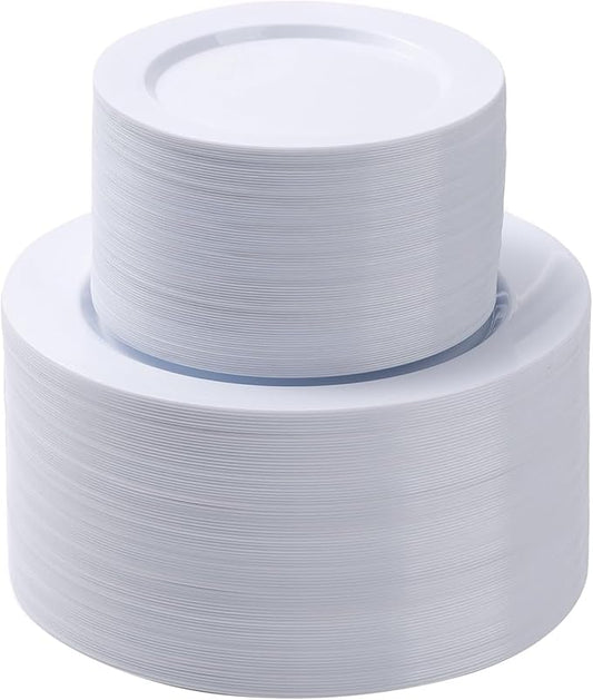 Goodluck 200PCS White Plastic Plates, Heavy Duty Disposable Plates with 100 10.25 inch Dinner Plates and 100 7.5 inch Dessert Plates for Party, Holiday, Wedding