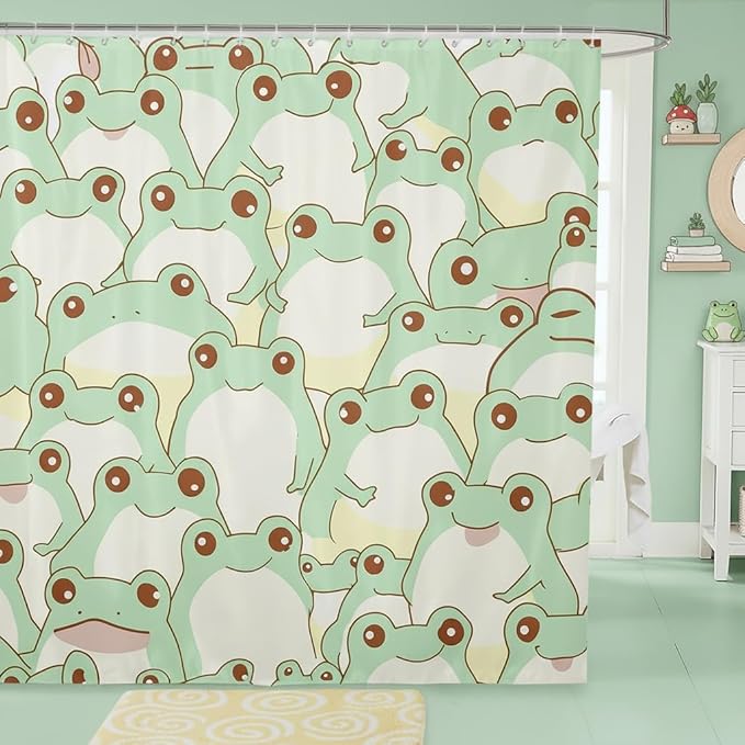 Cute Frog Waterproof Shower Curtains Luxury Heavy Fabric Bathroom Shower Curtain Green Frog Hotel Home Dorm Bathtubs Decor Shower Curtain Machine Washable Grommet Curtain 72 x 84 Inch