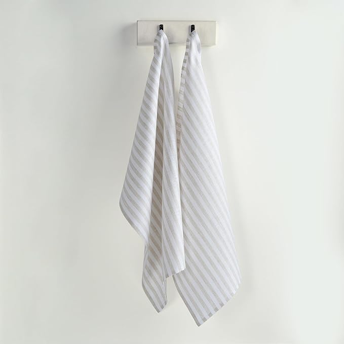 Solino Home Natural and White Linen Kitchen Towels Set of 2-100% Pure Linen 17 x 26 Inch Amalfi Stripe Tea Towels with Hanging Loop - European Flax Kitchen Dish Cloth - Quick Dry & Machine Washable