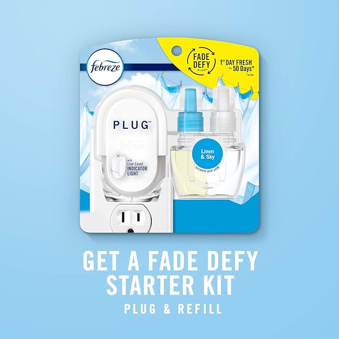 Febreze Plug-In Air Freshener, Odor-Fighting Scented Oil Starter Kit, Air Fresheners for Home and Bathroom and Kitchen, Long Lasting for Strong Odors, Downy April Fresh Scent, Warmer + 2 Refill
