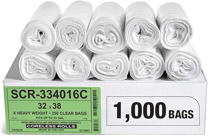 Aluf Plastics 33 Gallon Trash Bags Source Reduction Series Value High Density 16 Micron Gauge (equiv) - Intended for Home, Office, Bathroom, Paper, Styrofoam (Pack of 1000)