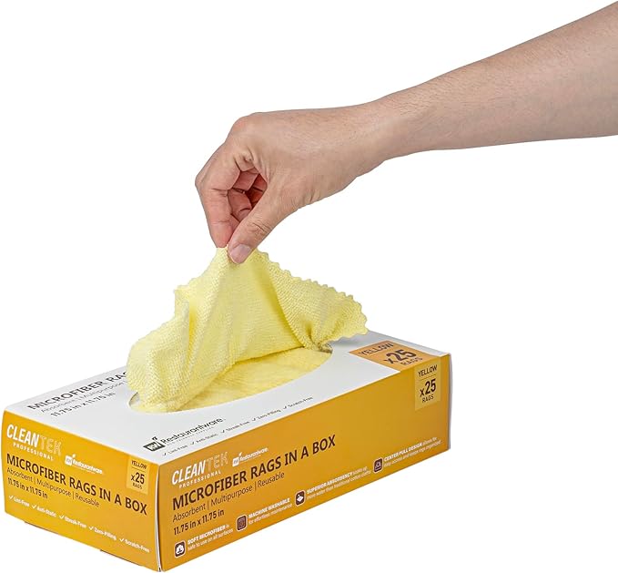 Restaurantware-Clean Tek Professional 11.81 x 11.81 Inch Microfiber Rags In a Box, 25 Absorbent Cleaning Cloths - No-Scratch, Yellow Microfiber Reusable Edgeless Cleaning Towels, Leaves No Streak