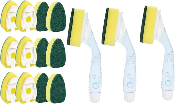3 PCS Dish Wand with 6Pack Replacement Dish Wand Sponges,Dish Brush Pads Kitchen Cleaning Sets for Kitchen