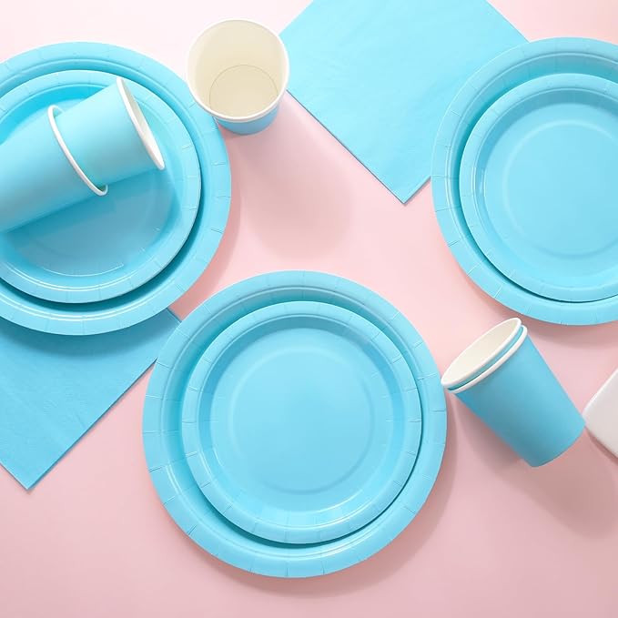 200Pcs Blue Paper Plates and Napkins Cups, Blue Plates and Napkins Party Supplies, Boy Baby Shower Serve 50