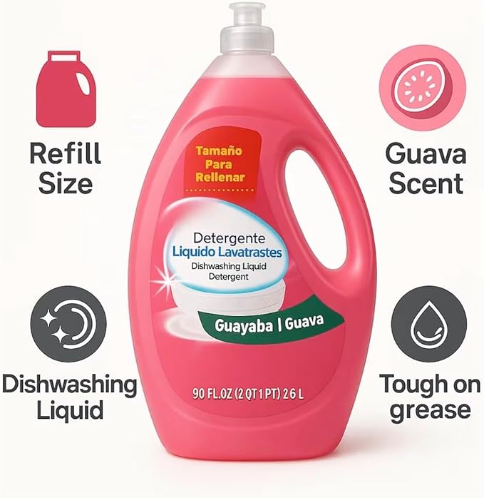 Dish Washing Liquid Detergent Guava Scent 90 fl oz Large Bottle for Everyday Dish Cleaning Handwashing Dishes Utensils and Kitchenware with Easy Pour Design