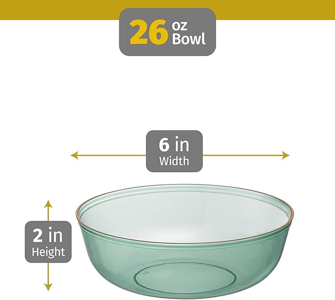 PLASTICPRO Plastic Party Plates Edge Collection Premium heavyweight Elegant Disposable Tableware Dishes (TRANSLUCENT GREEN WITH GOLD RIM, 16 OZ BOWLS)