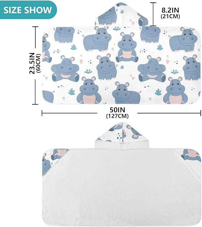 susiyo Kids Hooded Bath Towel Cute Hippos Beach Towel for Kids 23.5 x 50 Inch Microfiber Soft Absorbent Quick Dry Bath Swim Pool Towel Wrap Poncho Bathrobe with Hood for Kids Toddler