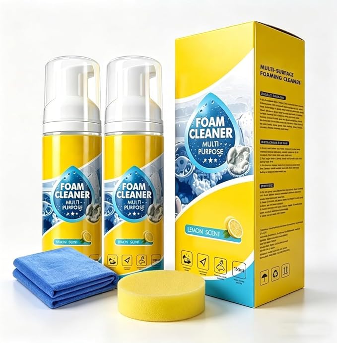 4-in-1 Foam Cleaner Multi Purpose, Rinse-Free Foaming Spray for Car Interior, Kitchen, Bathroom & Upholstery, Portable 5oz Multi-Enzyme Cleaning Kit with Sponge & Towel, 150ml (2 PCS)