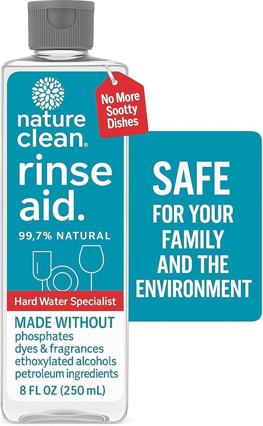 Nature Clean Dishwasher Rinse Aid Liquid, Non Toxic Natural Formula, Spot Free Shine for Glasses & Dishes, Hard Water Stain Remover, Dishwasher Drying Agent, 8 oz/250 ml Pack of 2