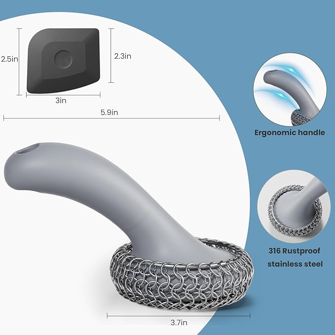 Cast Iron Scrubber with Long Handle | 316 Cast Iron Cleaner Chainmail Scrubber for Pan Skillet Cleaner - Dish Scouring Pad Dishwasher Safe Cleaning Kit (Grey, 1 Scrubber + 1 Scraper)