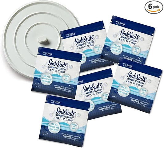 SinkSuds Laundry Detergent Travel Size Liquid Soap TSA Compliant Safe for All Fabrics 6 Packets & 1 Sink Stopper