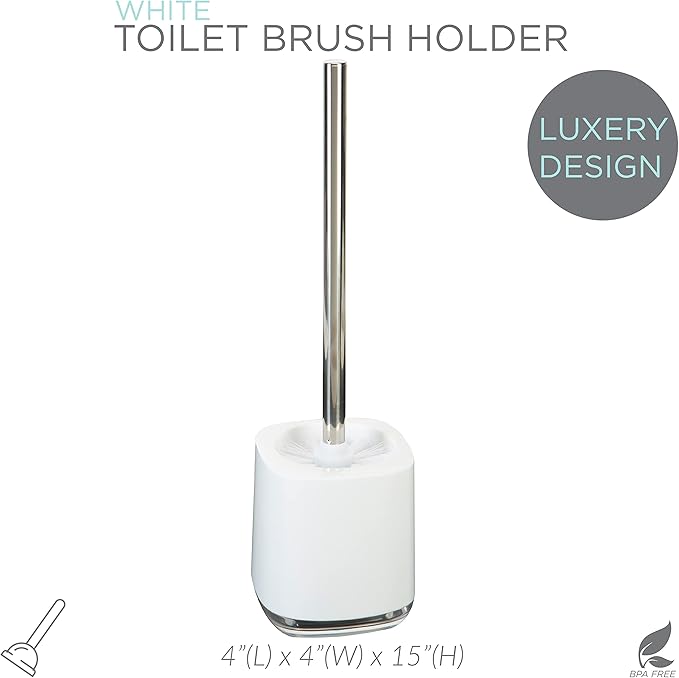 Bath Bliss Luxury Toilet Brush and Holder Set | Bathroom Cleaning | 360 Degree Brush | Short Design | Décor | Stainless Steel | White