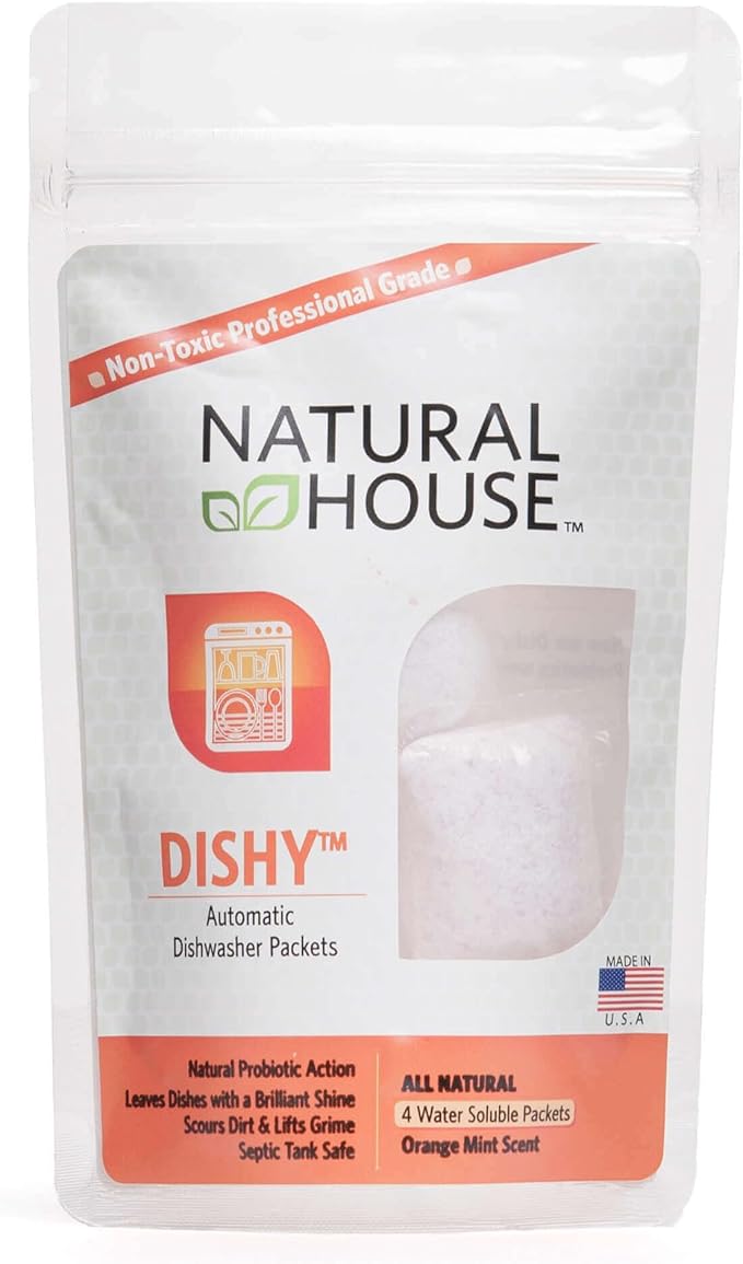 Natural House Dishy - Plant-Based Enzyme Dishwasher Detergent Pods - Septic-Safe, Plumbing-Friendly - Hard Water Compatible - Orange Mint Scent - 20 Count