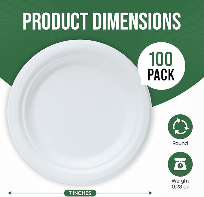 TaidMiao 7-Inch White Paper Plates 100 Pack - 100% Compostable Dessert Plates | Leakproof Disposable Plates for Party, Microwave Safe & Oil Resistant, Eco-Friendly Small Dinnerware (100 Count)