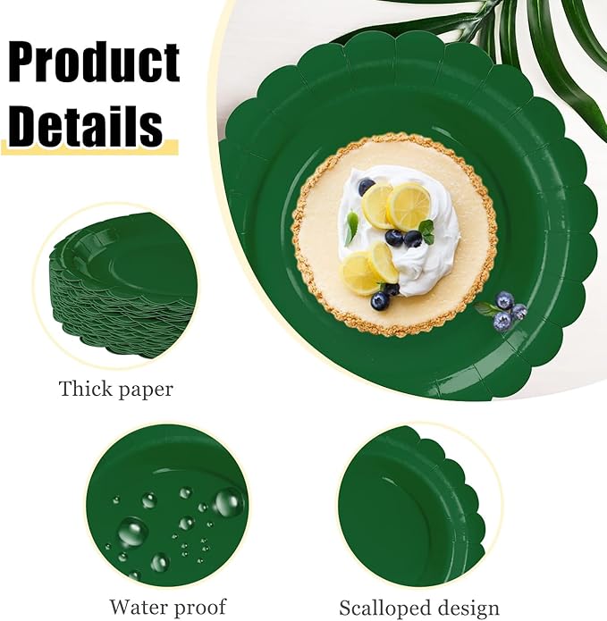 HEIPINIUYE 25 Pieces Green Paper Plates 9 Inch Green Scalloped Plates Disposable Dinner Plates for Wedding Baby Shower Birthday Christmas Party Dessert Plates