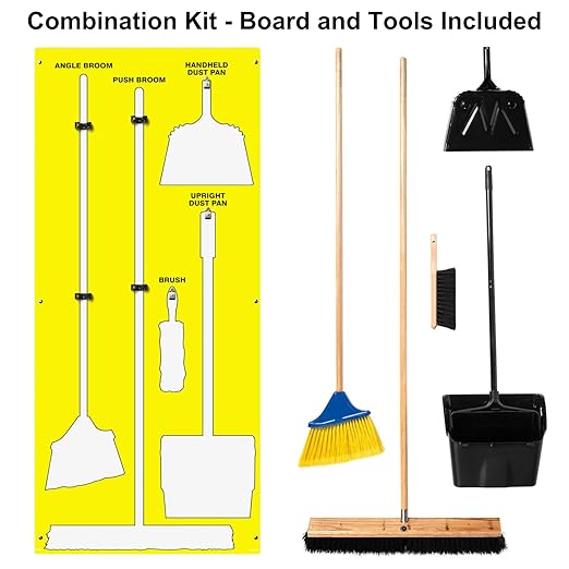 Clean & Sweep 5S Shadow Board/Wall Mount Broom Holder, 68" x 30" Board, 5S Cleaning Station - with Broom and Dustpan Set Included, Made in The USA by AccuformNMC, Yellow/White, PSB716YLWT