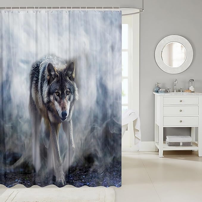 3D Wolf Shower Curtain for Kids Boys Girls Teens Wolves Shower Curtains with Hooks African Wild Animals Polyester Bathroom Curtain Set 72Wx78L