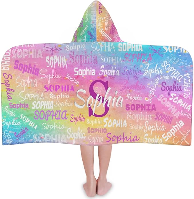 Custom Name Beach Towel for Boys Girls, Kids Babies Personalized Name Hooded Beach Towel Quick-Drying for Beach, Travel, Camping, Seaside, Swimming, Painted Colorful Pink Yellow Blue