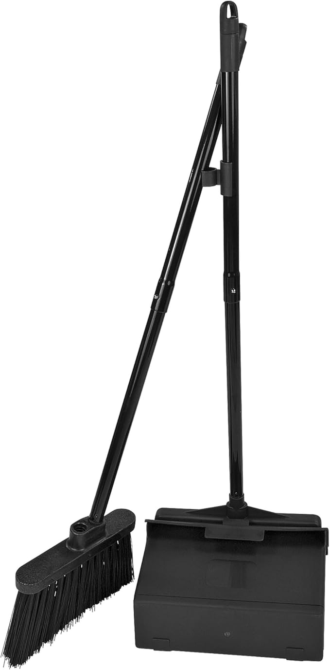 Carlisle FoodService Products Duo-Pan Upright Dust Pan and Broom Set, Essential Cleaning Tools for Home and Commercial Use, 36" Handle, 1 Count, Black