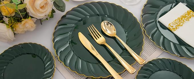YOUBET 150PCS Emerald Green Plastic Plates - Green and Gold Disposable Dinnerware Include 50 Plates, 25 Knives, 25 Forks, 25 Spoons, 25 Napkins Ideal for Party & Wedding