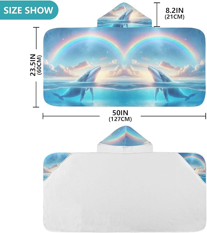Hooded Towel for Kids Whale Under Rainbow Beach Wrap Bath Towels 50x23.5in
